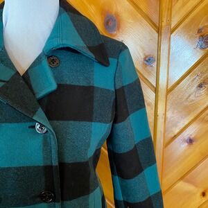 L.L. Bean Signature Green Buffalo Plaid Wool Blend Pea Coat Anchor Buttons 4